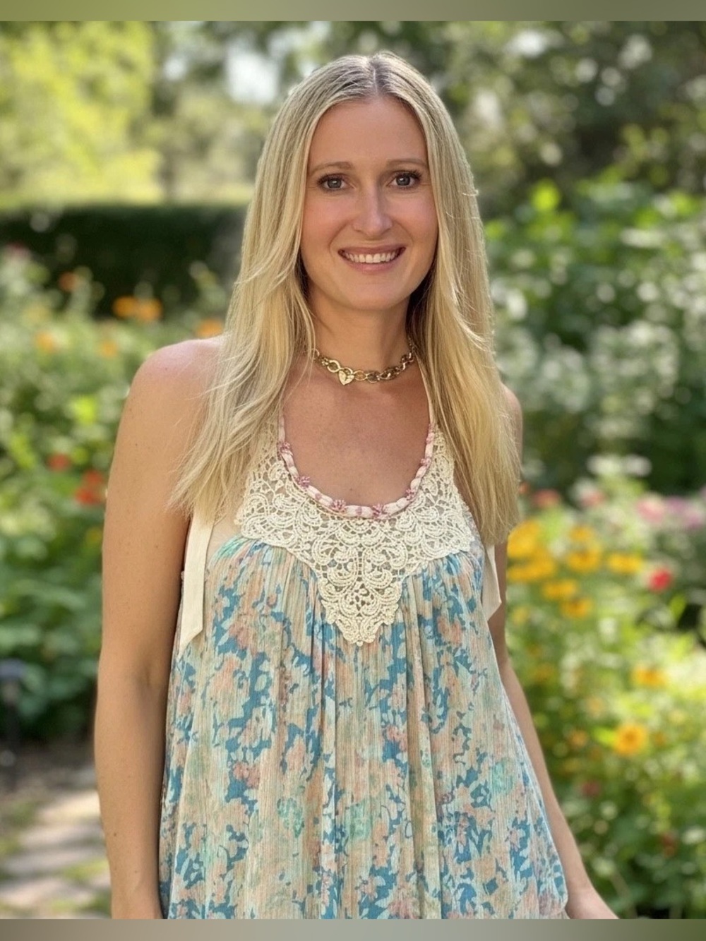 Free People Floral Crochet-Trim Tank Top - Cream & Blue